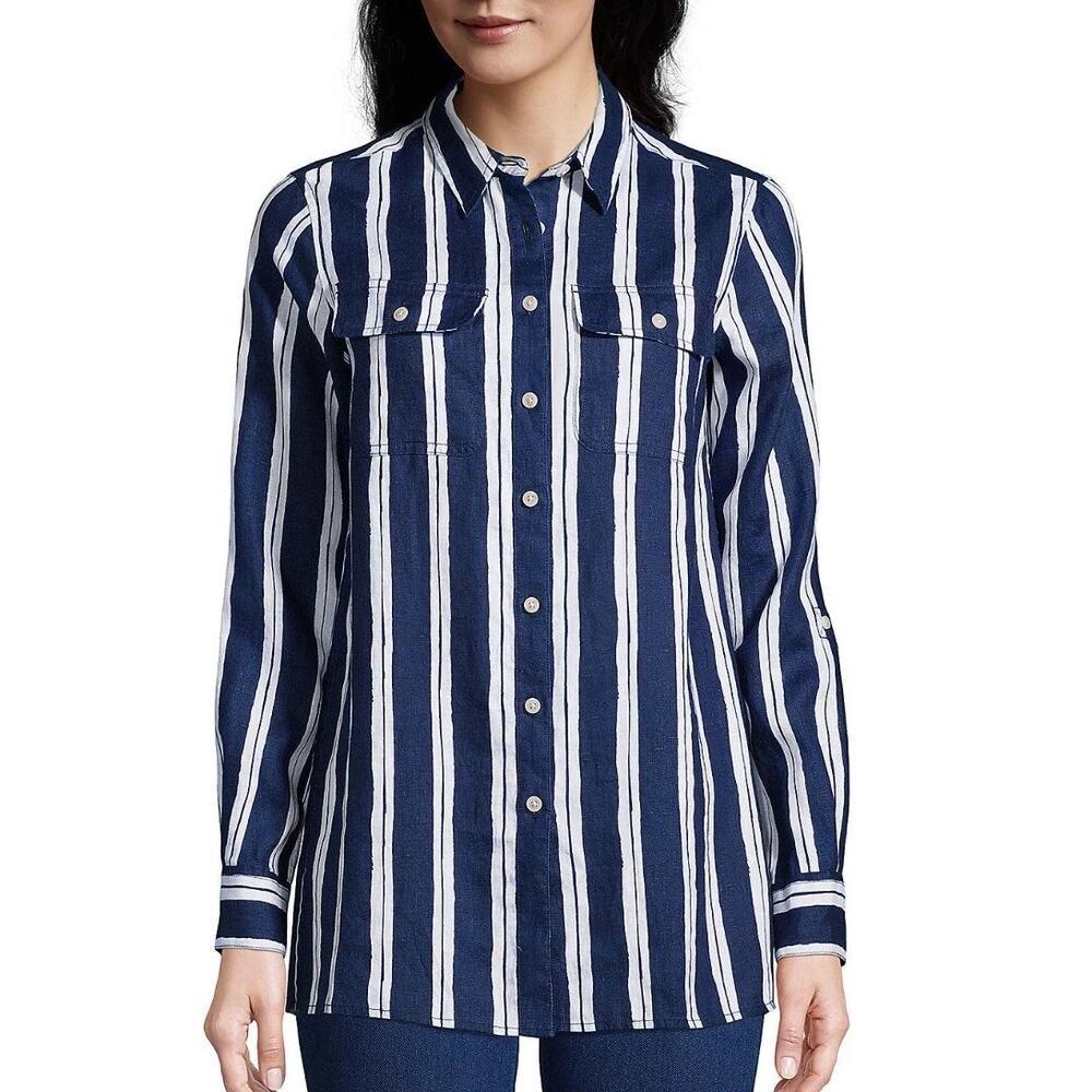 Lands End Linen Navy Blue White Striped Long-Slv Button-Up Shirt Tunic Length XL